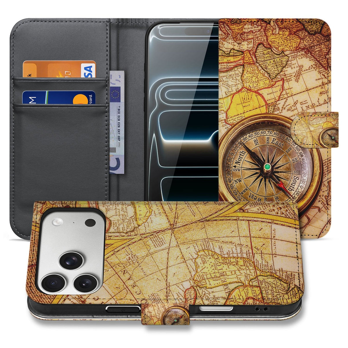 Wallet hoesje Kompas voor de iPhone 18 Pro, open en dicht in één overzicht