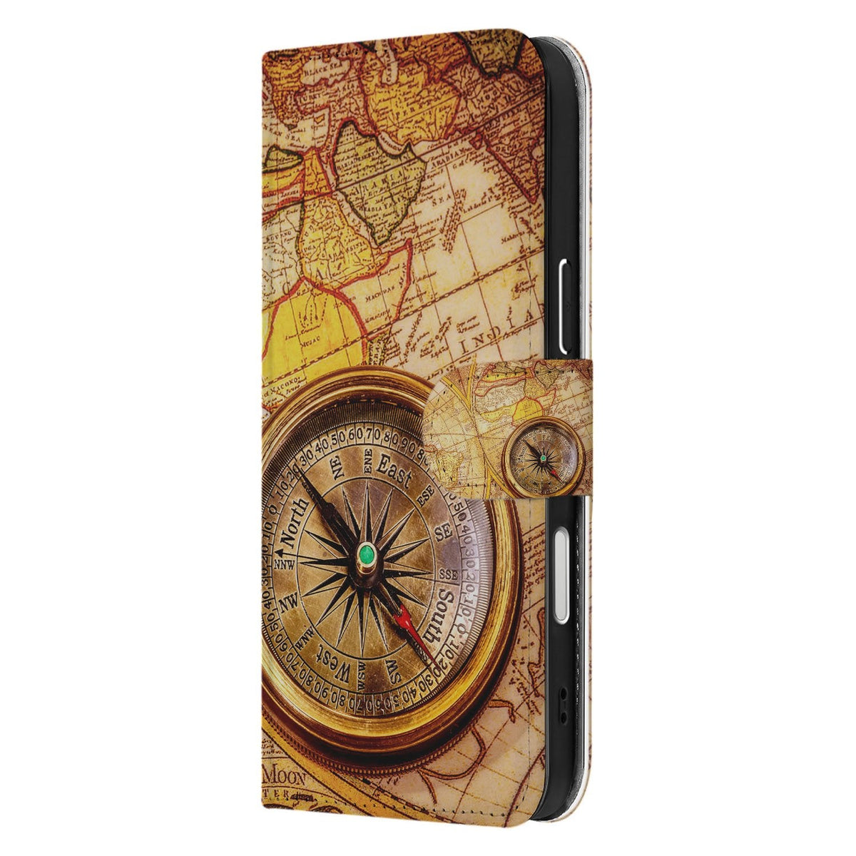 Zijkant van de Kompas bookcase voor iPhone 18 Pro in geel en oranje