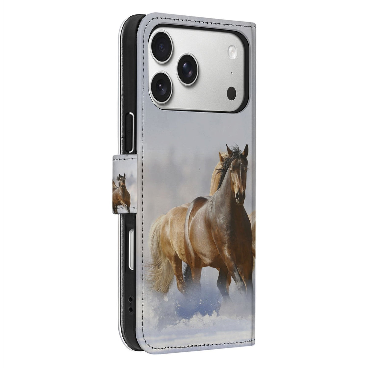 Zijaanzicht van de iPhone 18 Pro bookcase Paarden met klep en zwarte TPU-houder