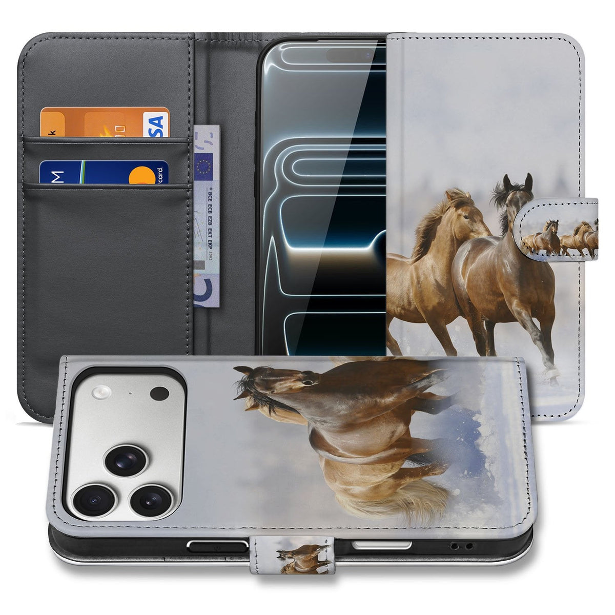 iPhone 18 Pro wallet hoesje Paarden, open en dicht naast elkaar met paardenprint