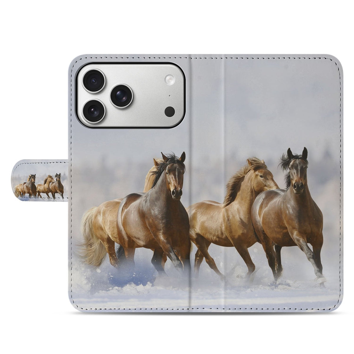 Gesloten voorkant van de Paarden bookcase voor de iPhone 18 Pro in grijs en bruin