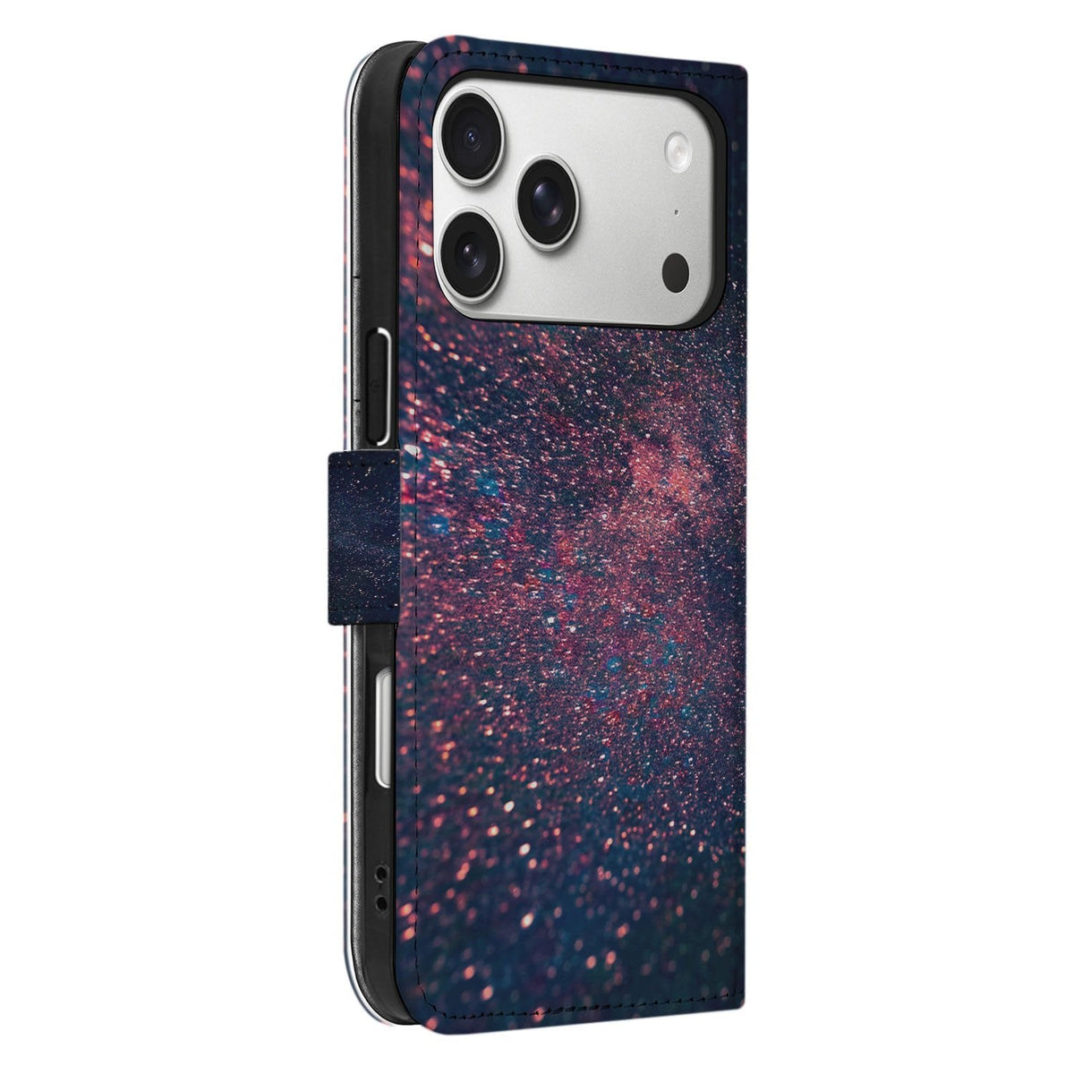 Zijaanzicht van het iPhone 18 Pro wallet hoesje Stars met sluitlip