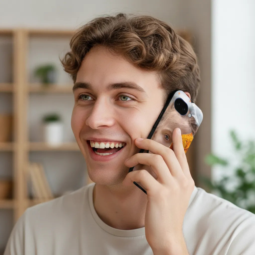 Jongen met Google Pixel 10a Hoesje Ontwerpen met Eigen Foto en blij gezicht tijdens het bellen.