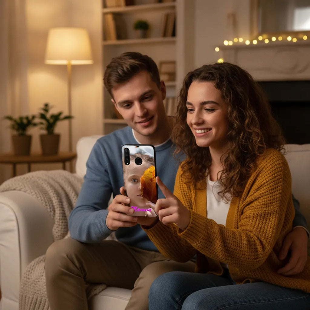 Koppel ontwerpt een Huawei P30 Lite Hoesje Maken met Foto | TPU met persoonlijke foto in een gezellige woonkamer.