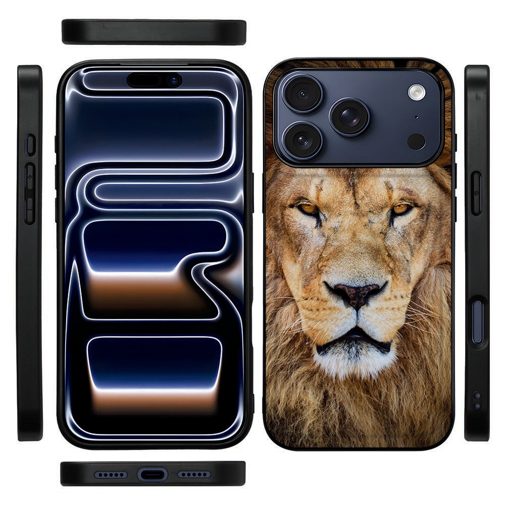 Zwarte randen van het Leeuw iPhone 18 Pro hoesje gezien vanaf de zijkant