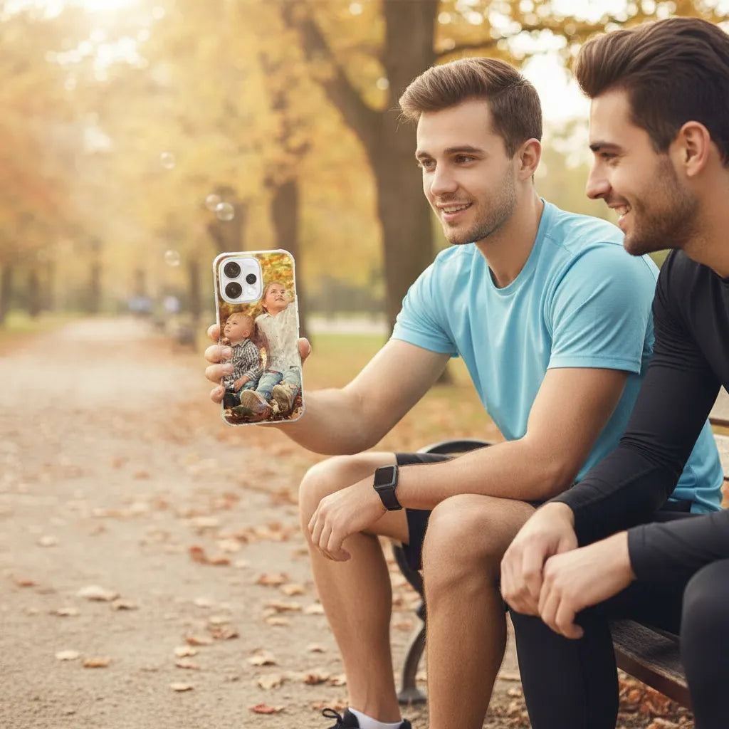 Man laat OPPO Reno15 hoesje ontwerpen met eigen foto zien in een park tijdens de herfst.