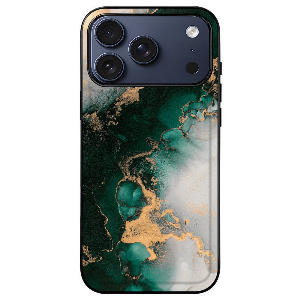 iPhone 18 Pro Max in de Marmer Groen backcover, camera-eiland binnen de verhoogde rand