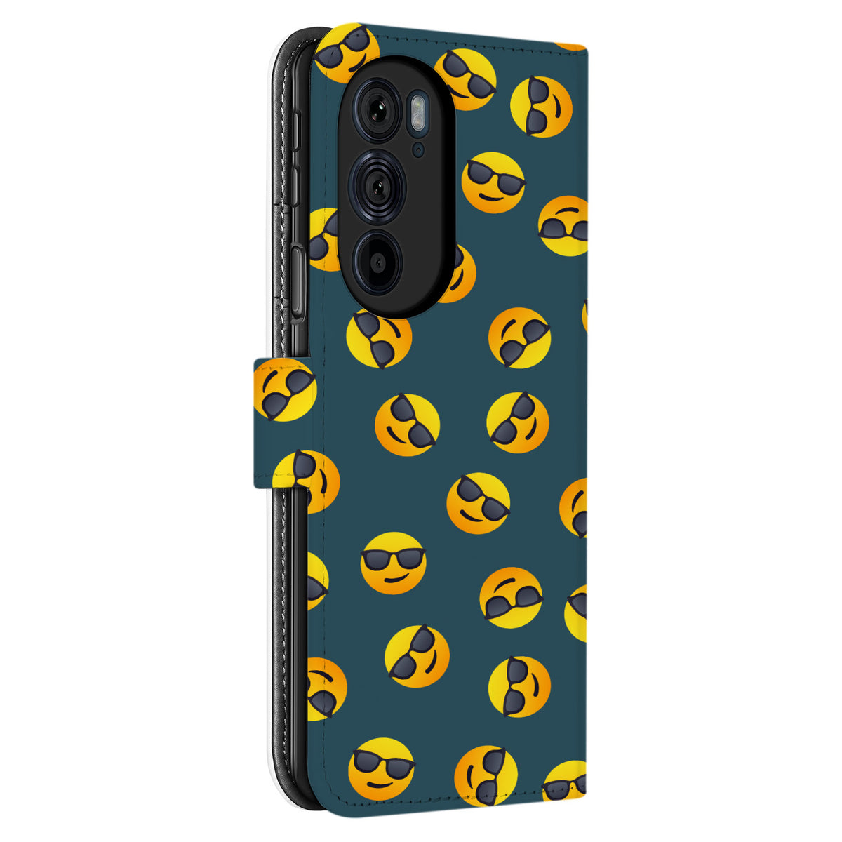 Achterkant met camera-uitsparing van de Motorola Edge 30 Pro bookcase, zonnebrilemoji's op een donkerblauwe achtergrond