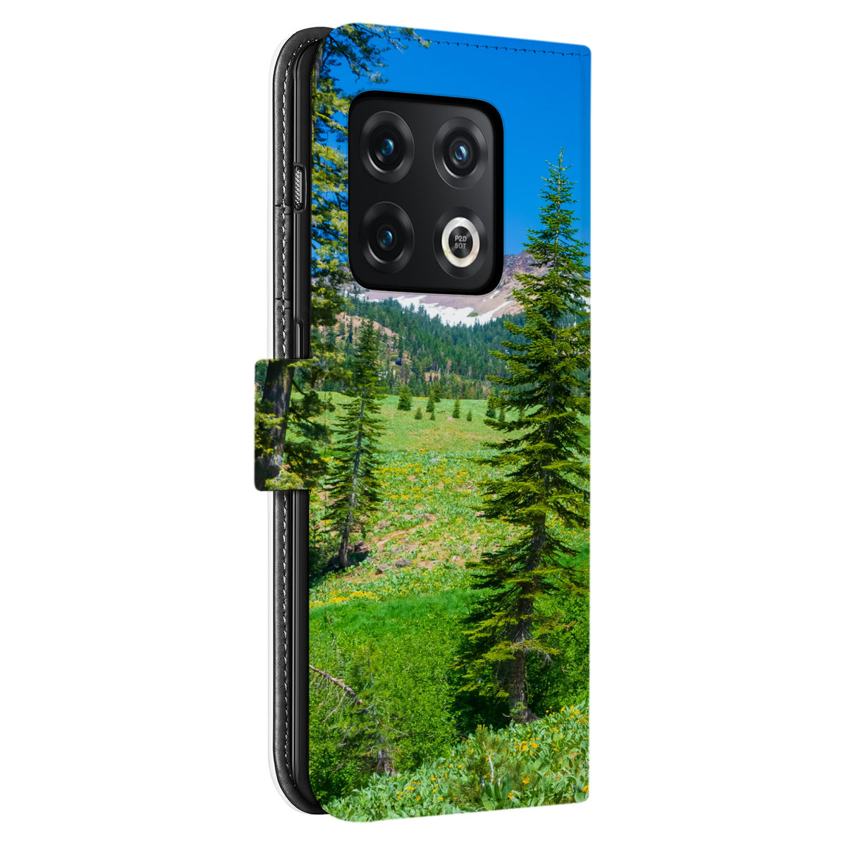 Gladde bedrukte achterzijde met voorbeeldontwerp van dennen en grasland, uitsparing ronde camera, OnePlus 10 Pro bookcase