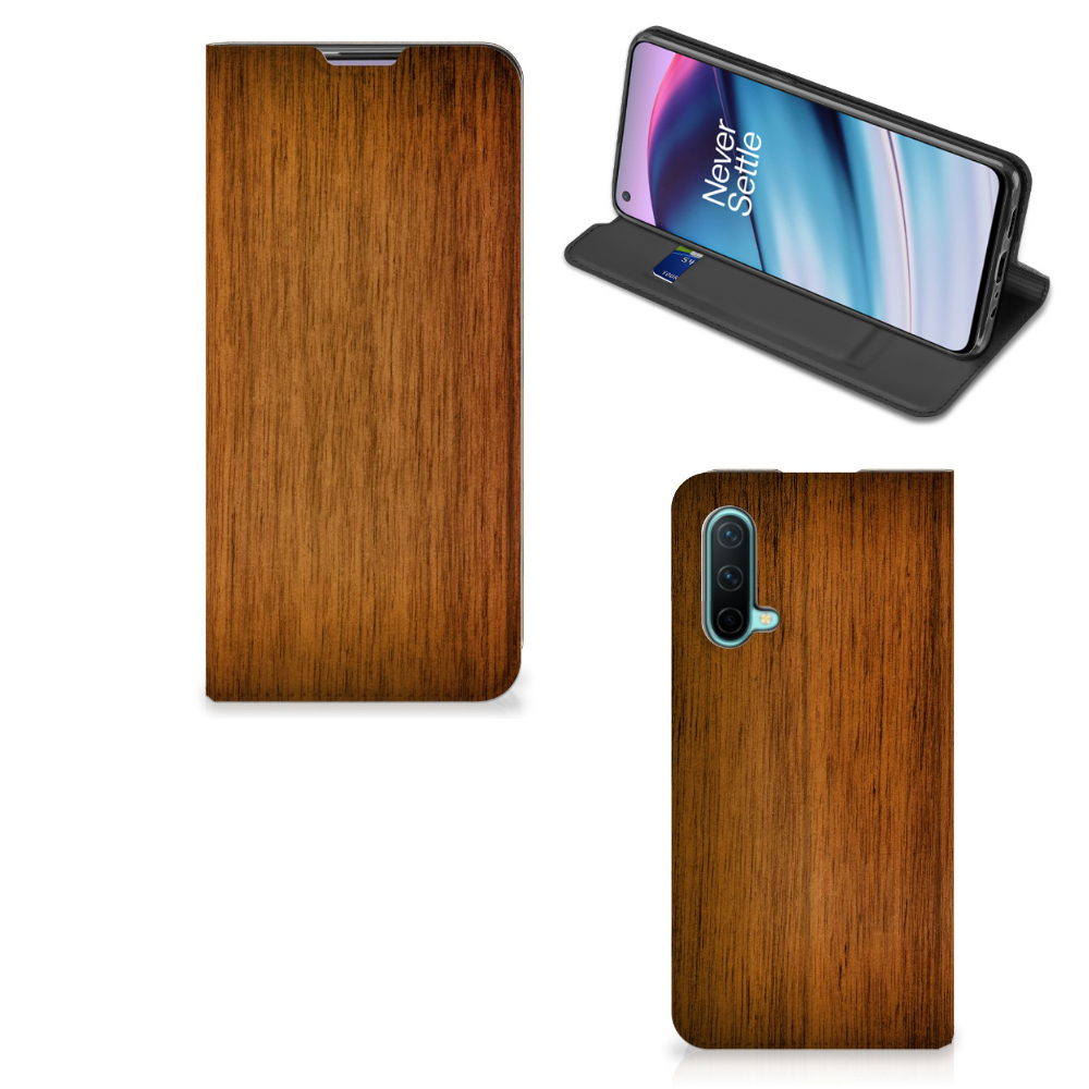 OnePlus Nord CE 5G Book Wallet Case Donker Hout stand case bruin hout aanzicht