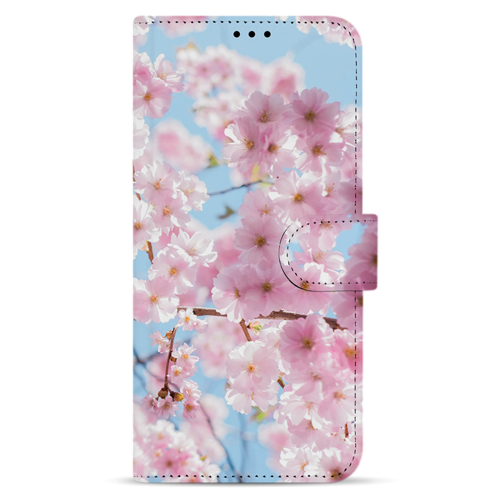 Sluitlipje rechts op de voorkant van de OnePlus Nord N100 bookcase met voorbeeldfoto van roze kersenbloesem