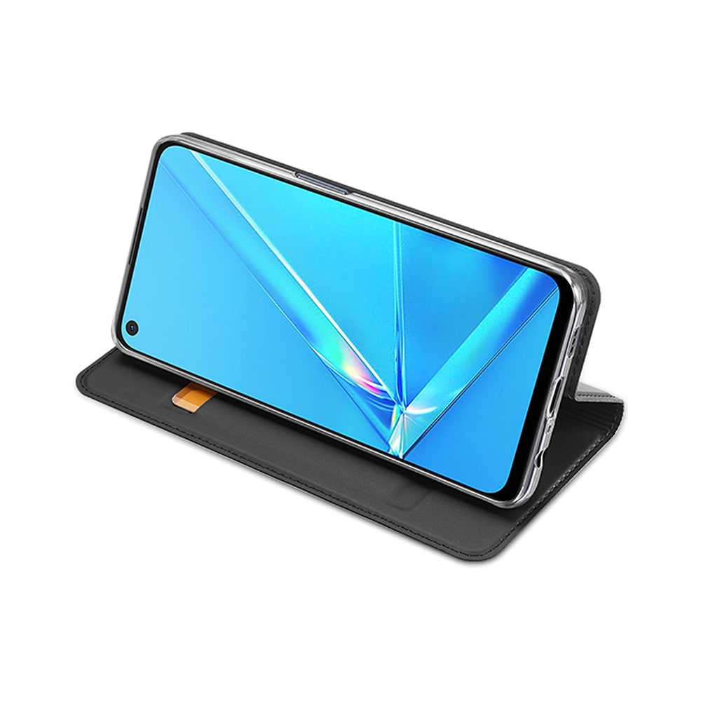 OPPO A72 standcase in standpositie: klep omgevouwen als standaard, toestel liggend en pasjesvak met pas zichtbaar