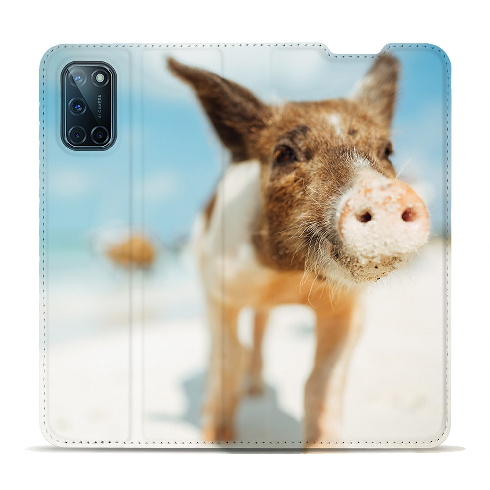 OPPO A52 en A72 standcase volledig opengevouwen: buitenzijde met één foto van een biggetje op het strand