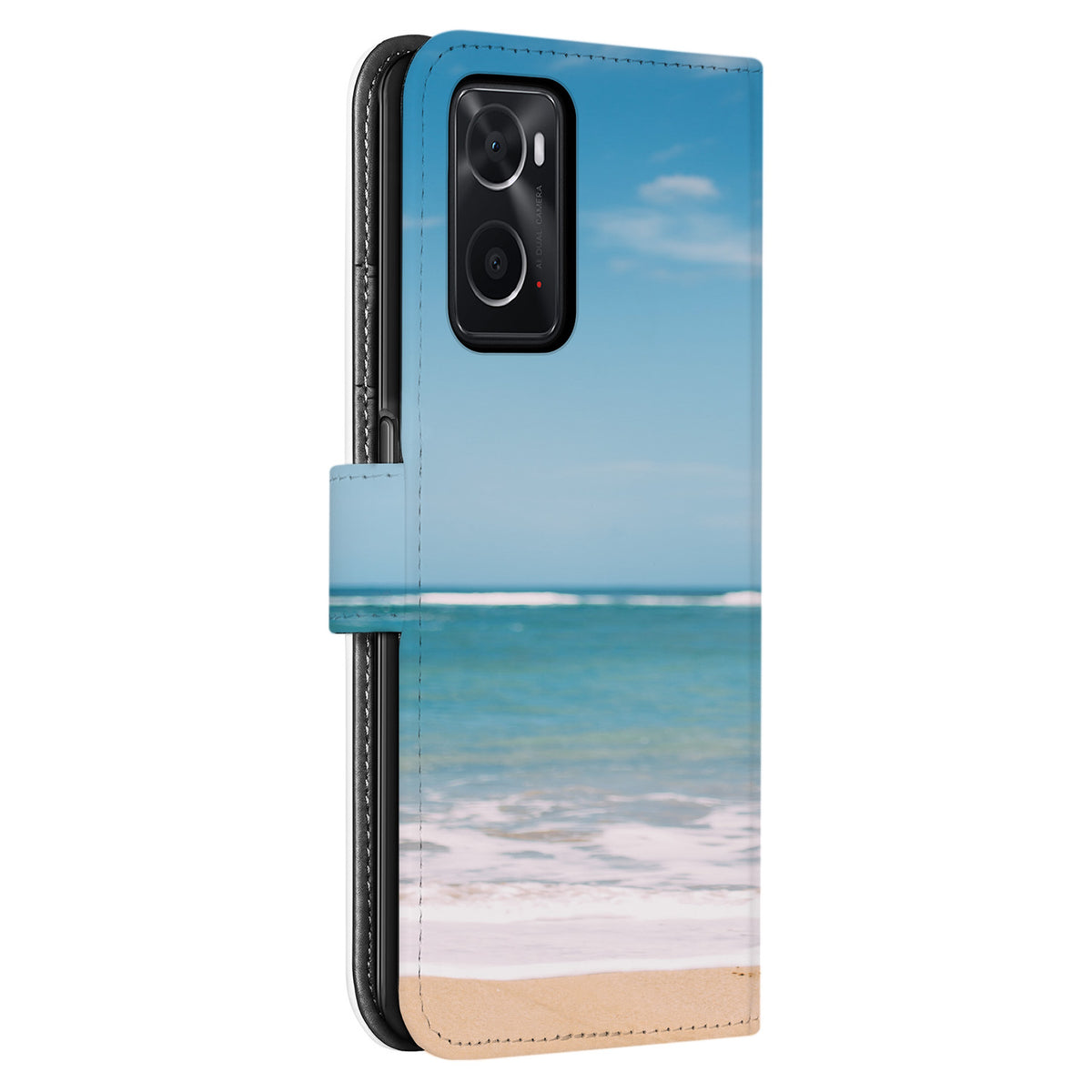 Voorbeeldontwerp met strand en zee op de achterzijde van de OPPO A76 en A96 bookcase, met camera-uitsparing