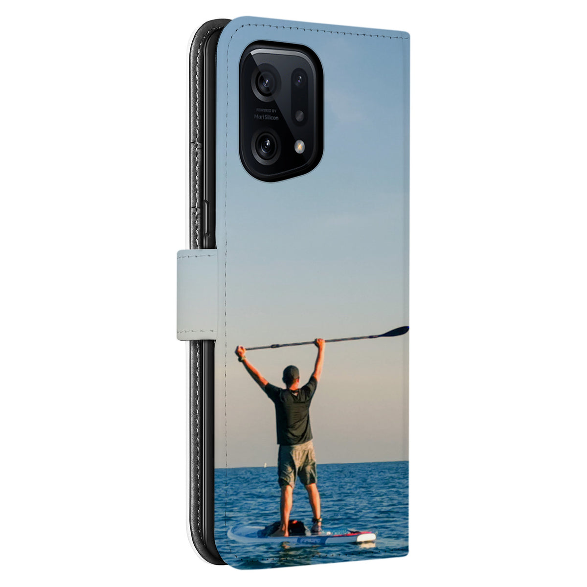 Bedrukte achterzijde van wit kunstleer met camera-uitsparing en een paddleboarder met opgeheven armen, Find X5 bookcase