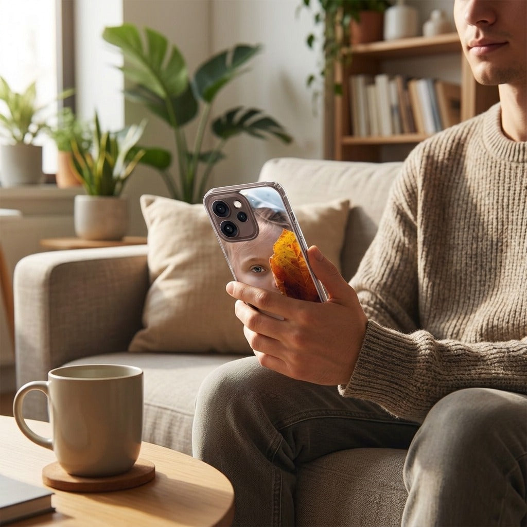 Man houdt OPPO Reno15 Pro hoesje ontworpen met eigen foto in zijn hand, zittend op een bank met een kopje koffie.