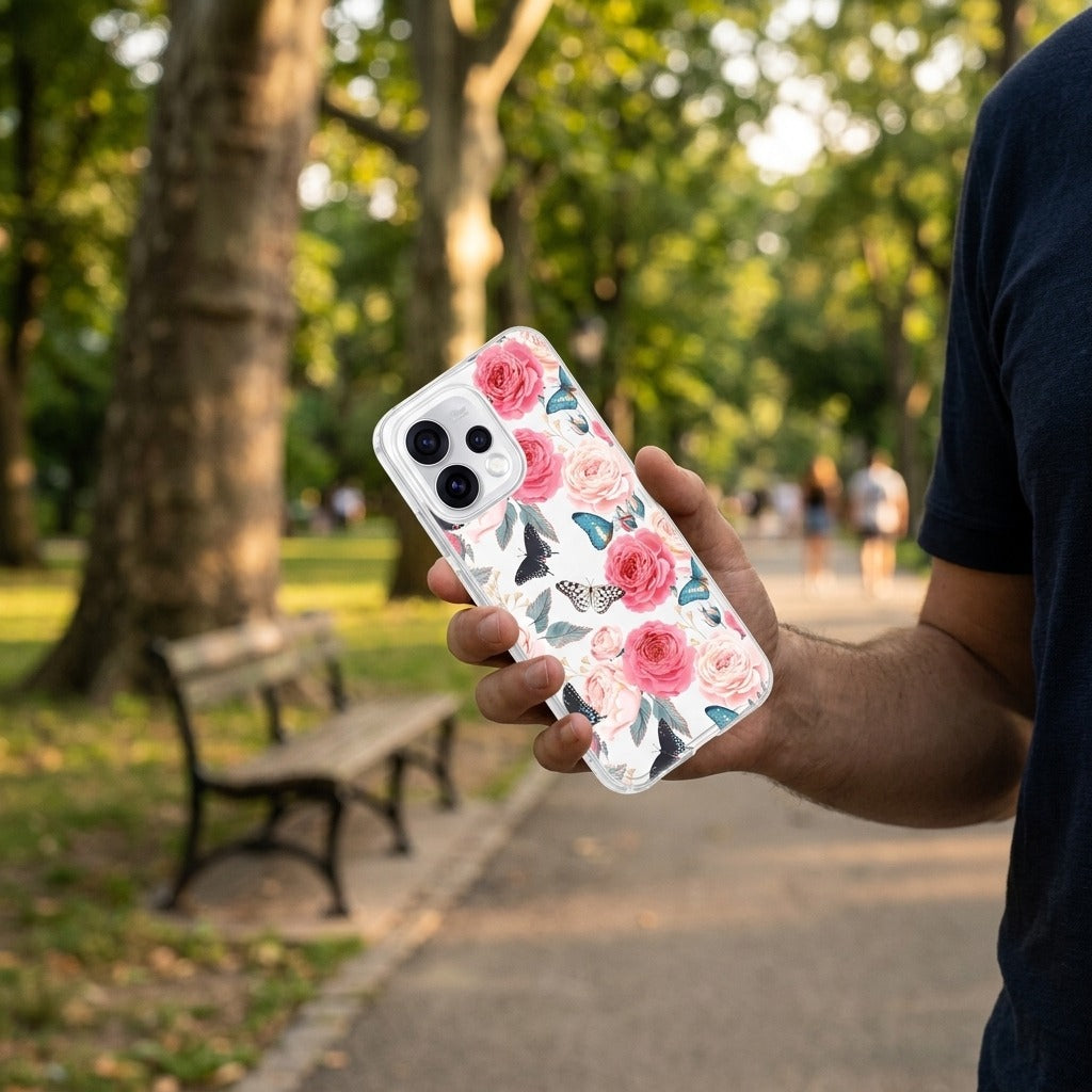 OPPO Reno15 siliconen hoesje Butterfly Roses - lifestyle foto in huiselijke setting