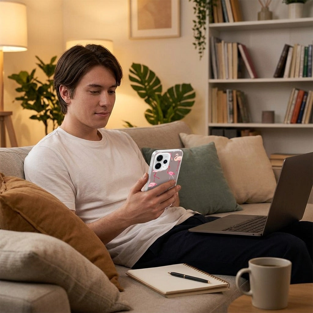OPPO Reno15 siliconen hoesje Flamingo - lifestyle foto in huiselijke setting