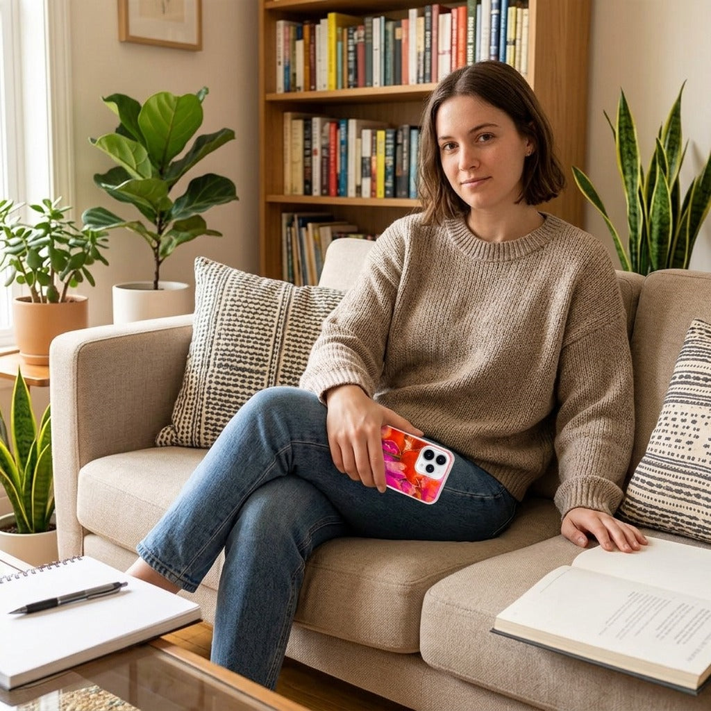 OPPO Reno15 siliconen hoesje Tulips - lifestyle foto in huiselijke setting