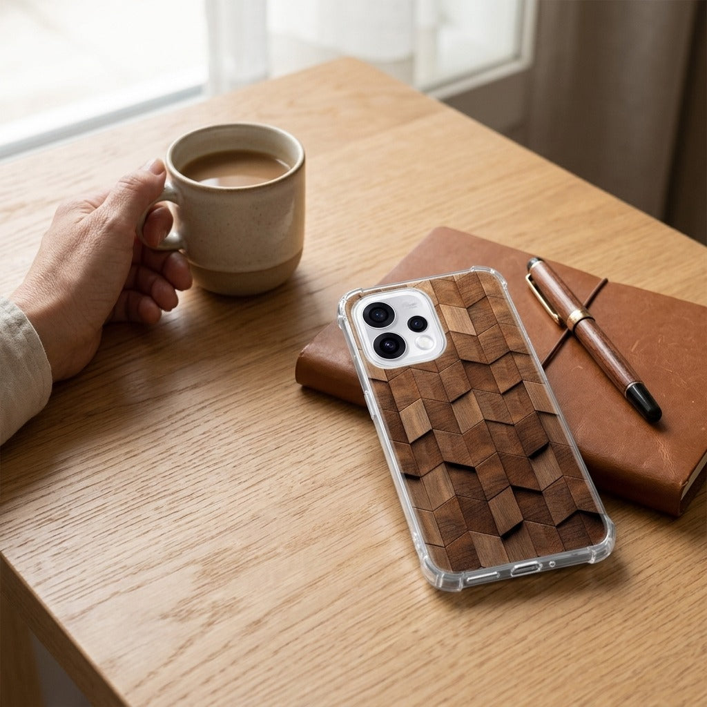 OPPO Reno15 siliconen hoesje Wooden Cubes - lifestyle foto in huiselijke setting