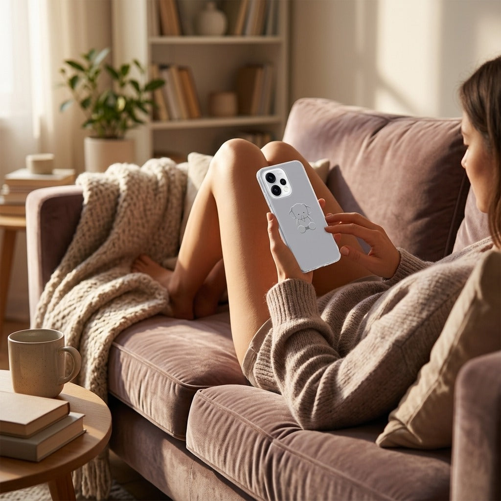 OPPO Reno15 TPU hoesje Baby Olifant - lifestyle foto in huiselijke setting