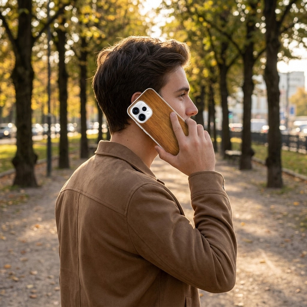 OPPO Reno15 TPU hoesje Donker Hout - lifestyle foto in huiselijke setting