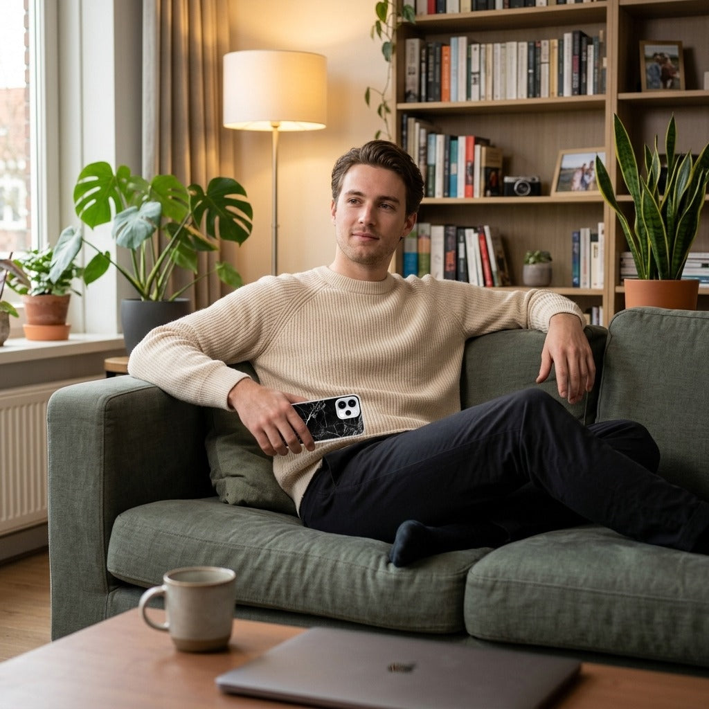 OPPO Reno15 TPU hoesje Marmer Zwart - lifestyle foto in huiselijke setting