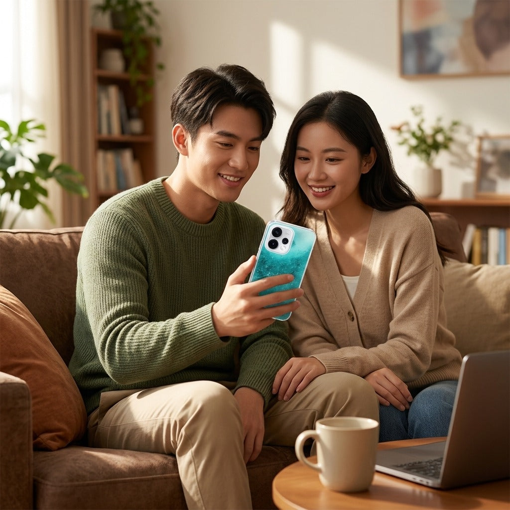 OPPO Reno15 TPU hoesje Painting Blue - lifestyle foto in huiselijke setting
