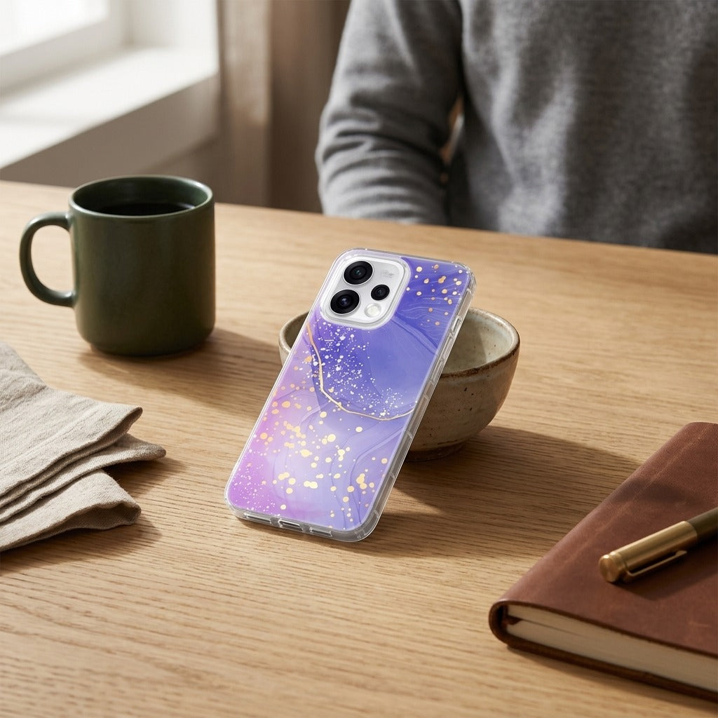 OPPO Reno15 TPU hoesje Watercolor Paars - lifestyle foto in huiselijke setting