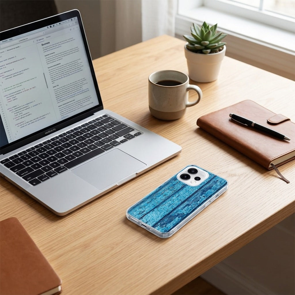 TPU hoesje OPPO Reno15 Wood Blue - lifestyle foto in huiselijke setting