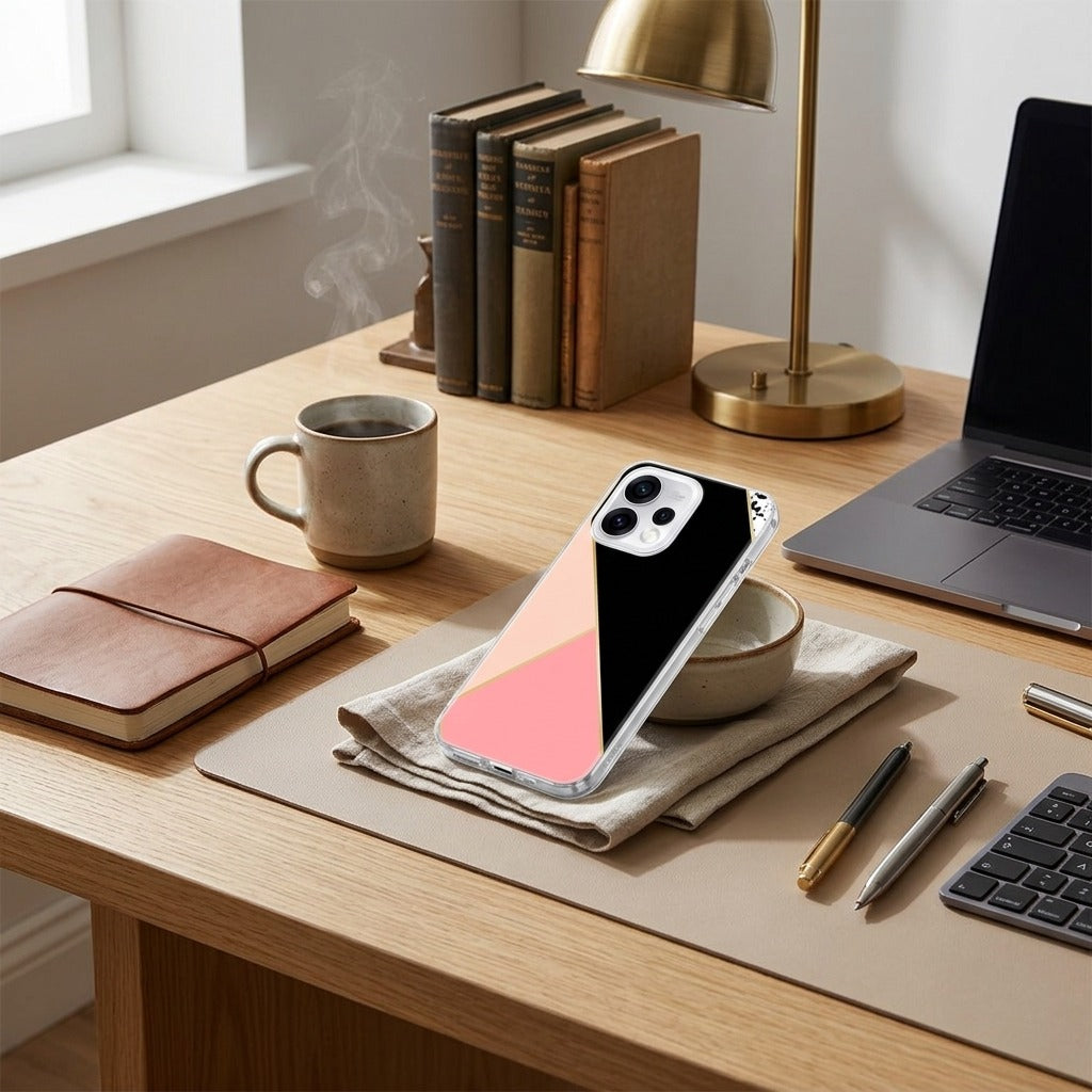 OPPO Reno15 telefoonhoesje Black Pink Shapes - lifestyle foto in huiselijke setting