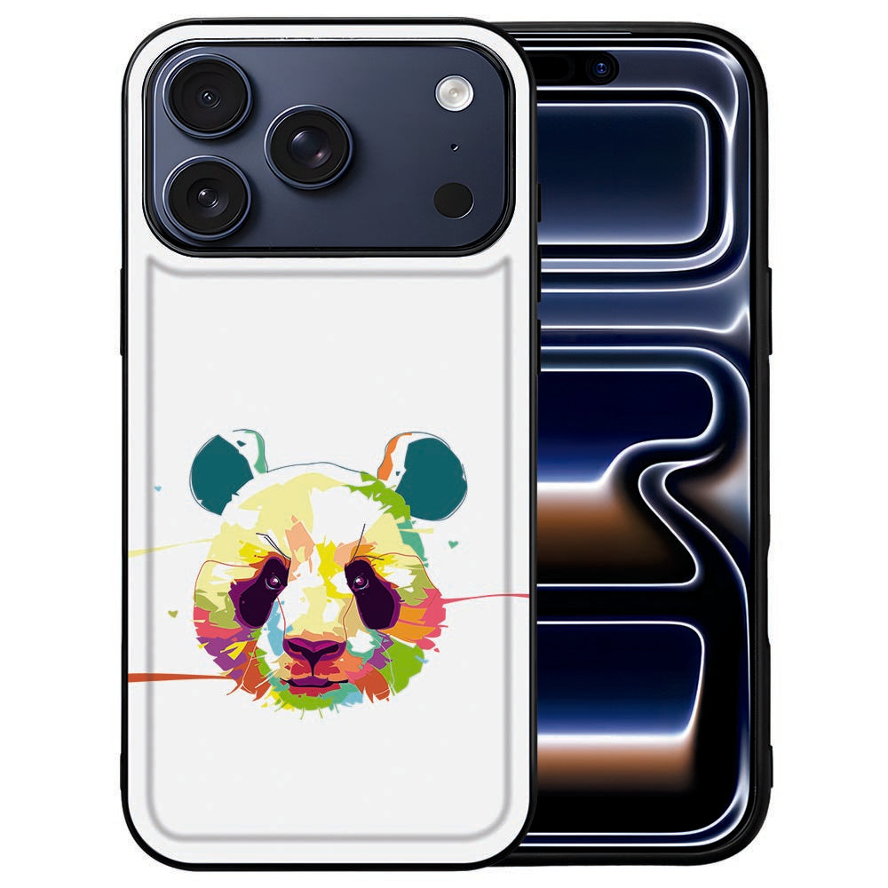 Zwart-witte panda tussen felle kleuren op de achterkant van het Panda Color iPhone 18 Pro hoesje