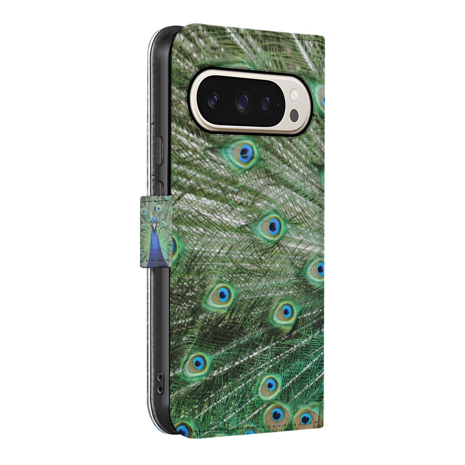Pauwprint Google Pixel 10 | 10 Pro Portemonnee Hoesje pauwenprint groen blauw design zijaanzicht