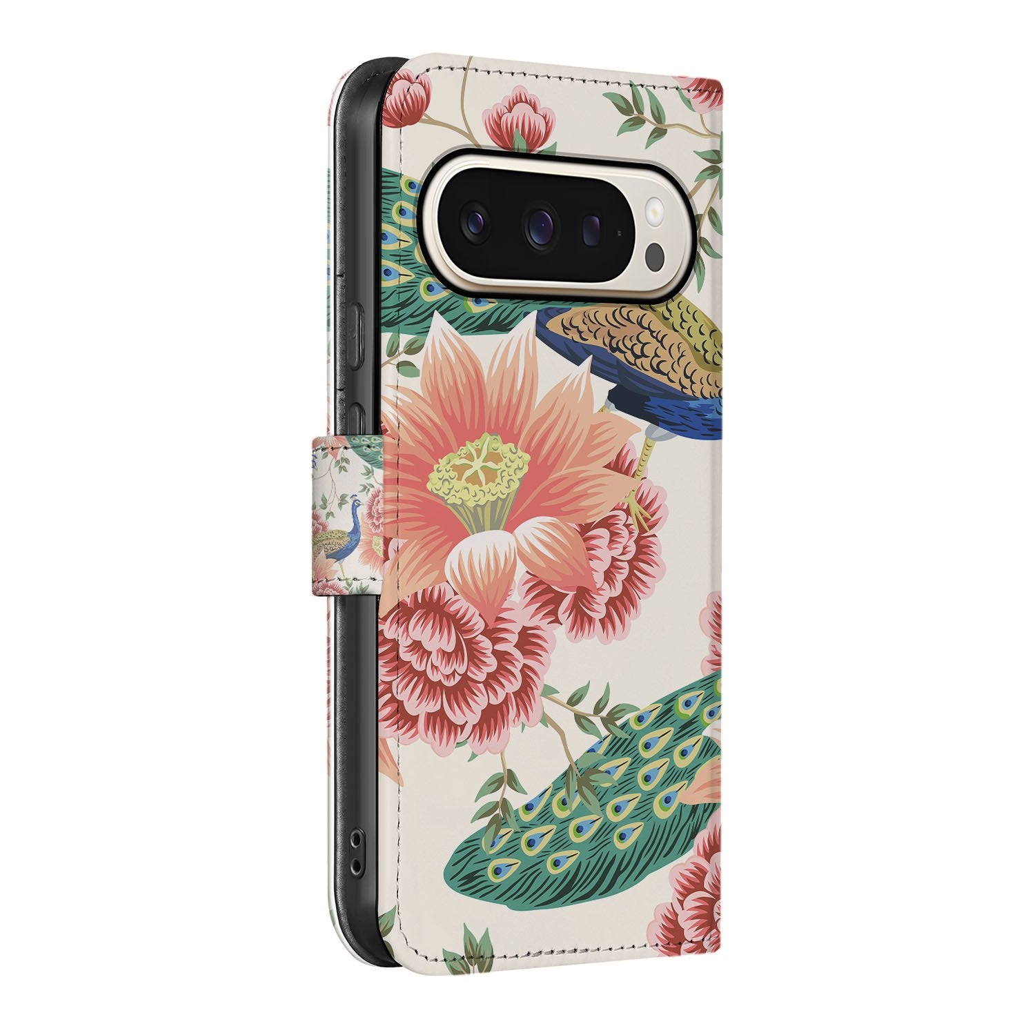 Pink Peacock Google Pixel 10 | 10 Pro | Book Case pauwenveren bloemen design zijaanzicht