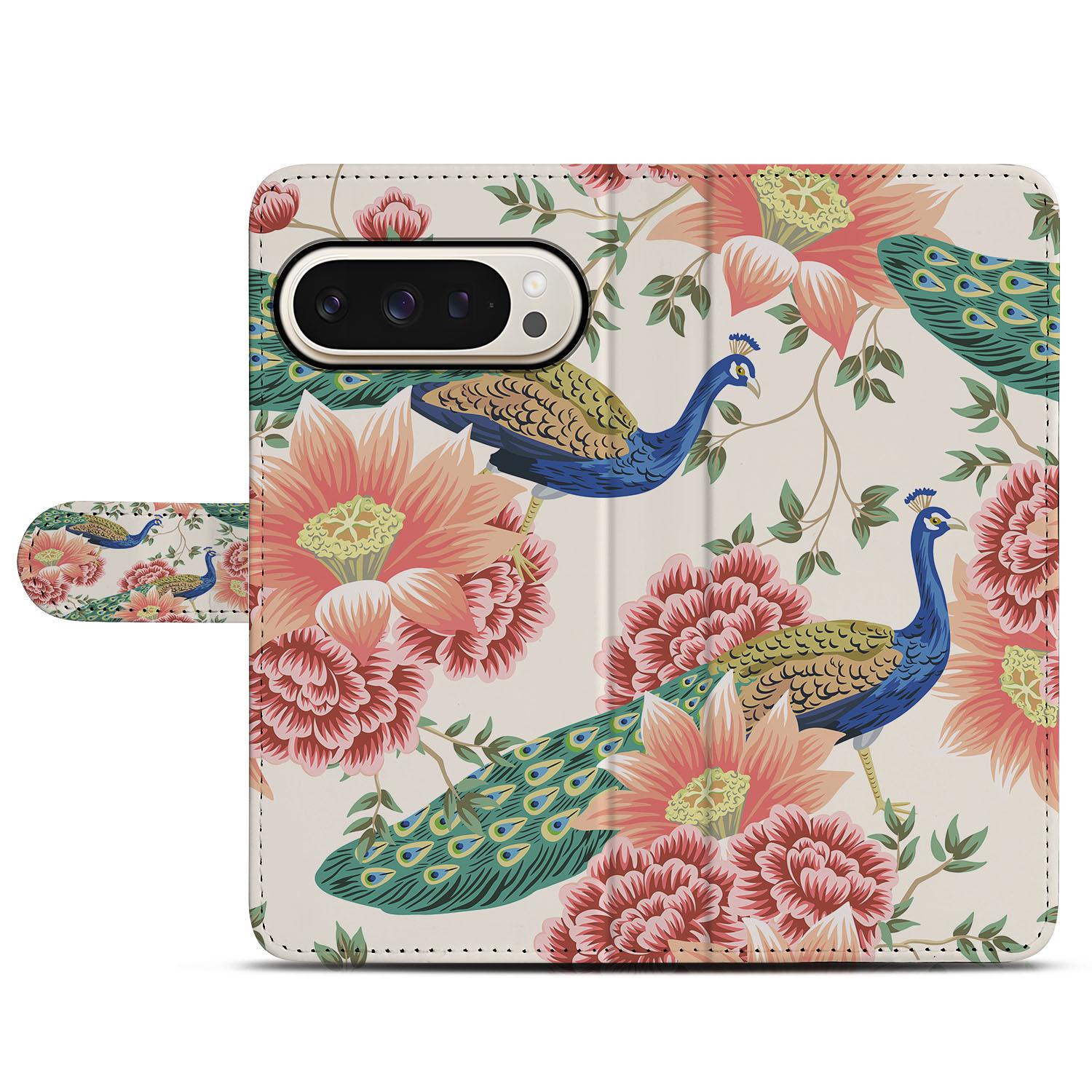 Pink Peacock Google Pixel 10 | 10 Pro | Book Case pauwenveren bloemen ontwerp vooraan