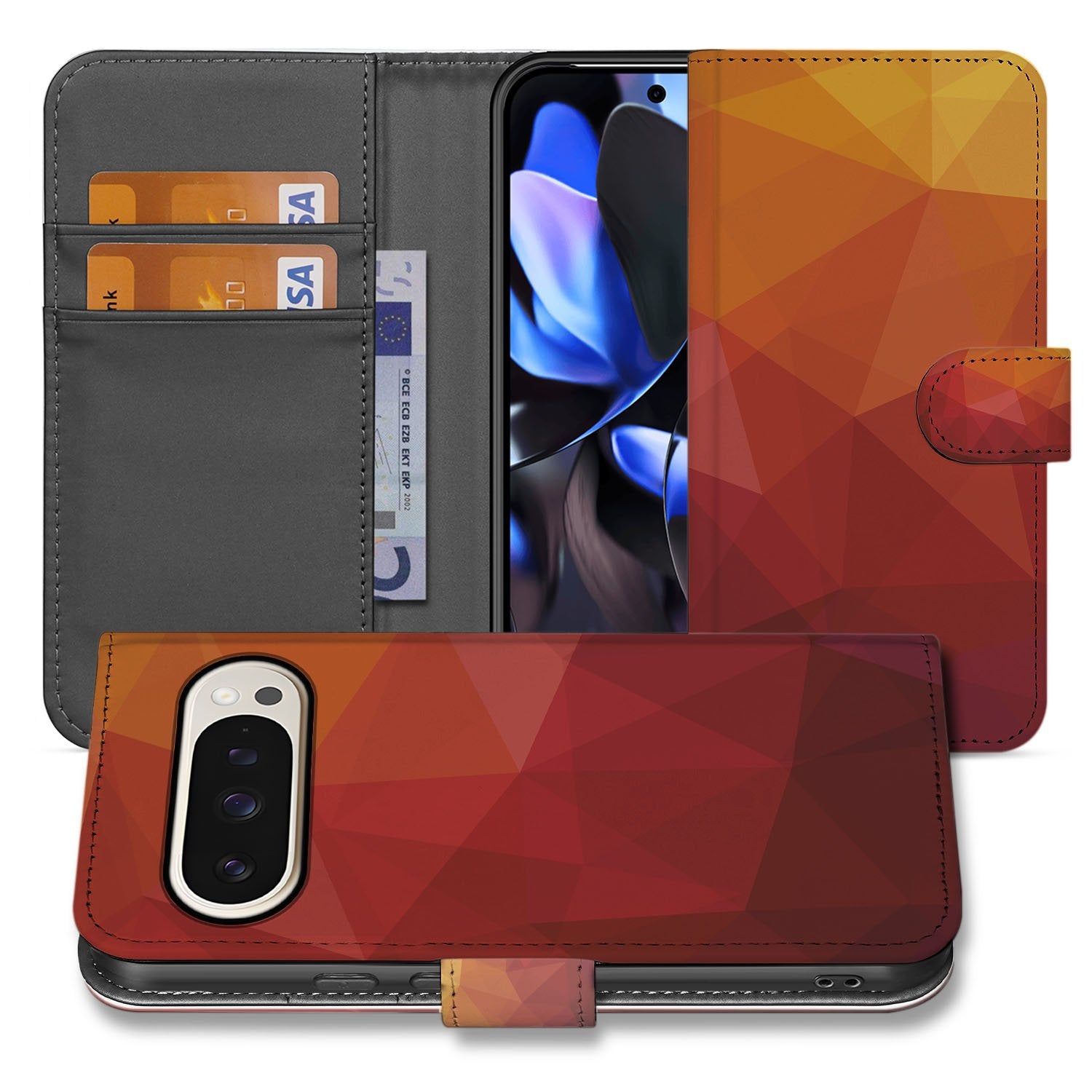 Polygon Rood Google Pixel 10 | 10 Pro Portemonnee Hoesje geometrisch design aanzicht