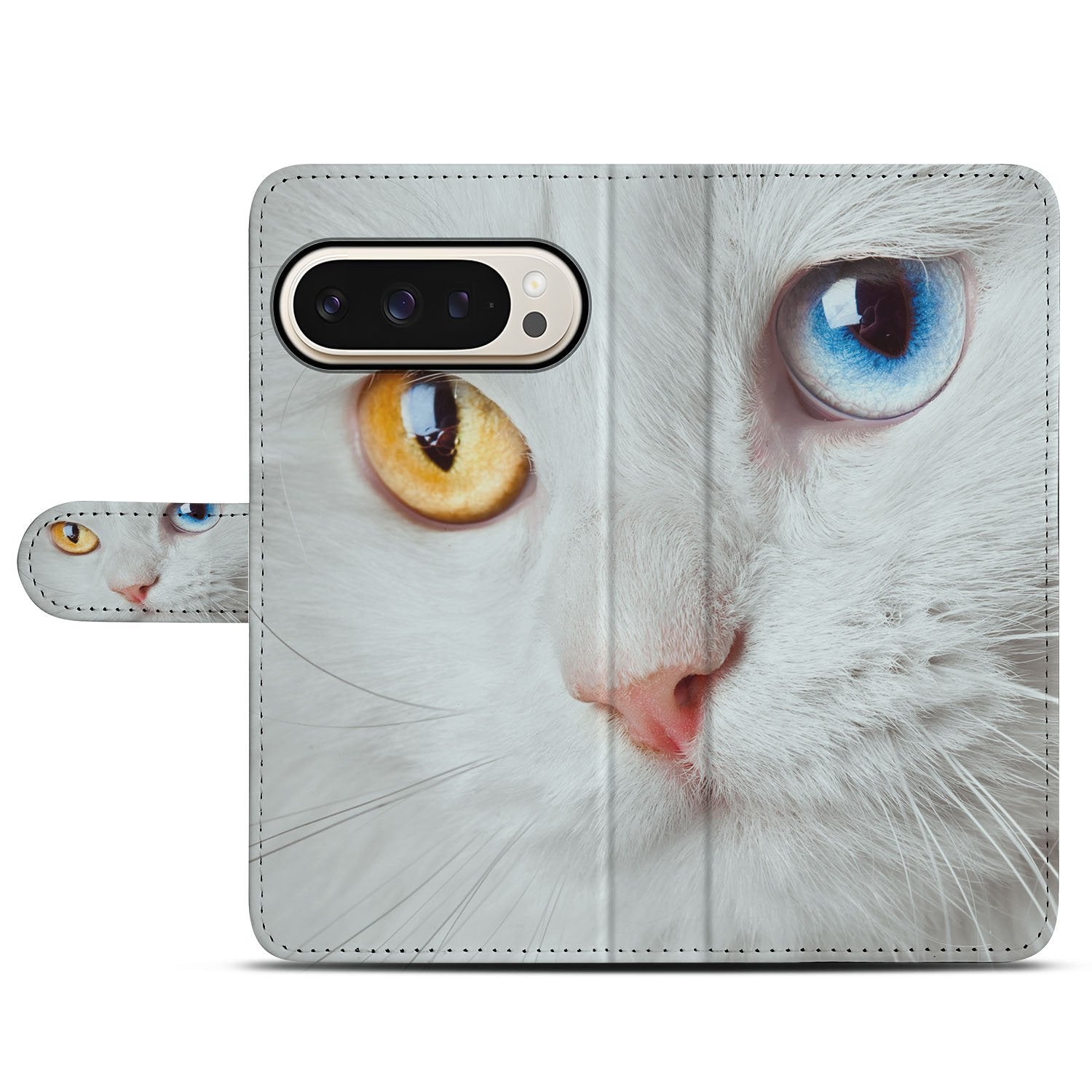Portemonnee Hoesje Google Pixel 10 | 10 Pro Witte Kat Dierenprint kattenillustratie detail close-up