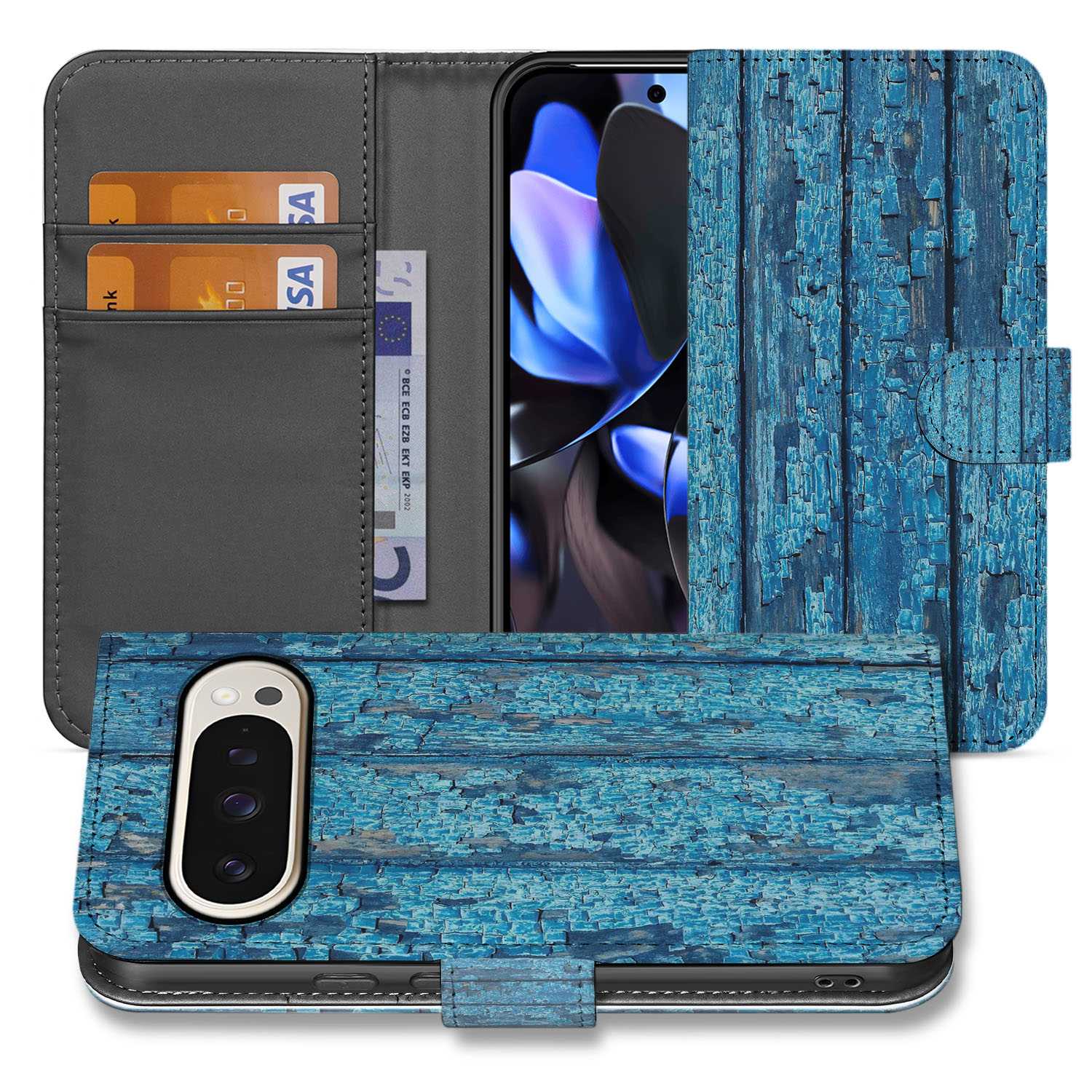 Portemonnee Hoesje Google Pixel 10 Pro Deluxe Edition Wood Blue Afgebladderd Hout Met Pasjes design naam detail