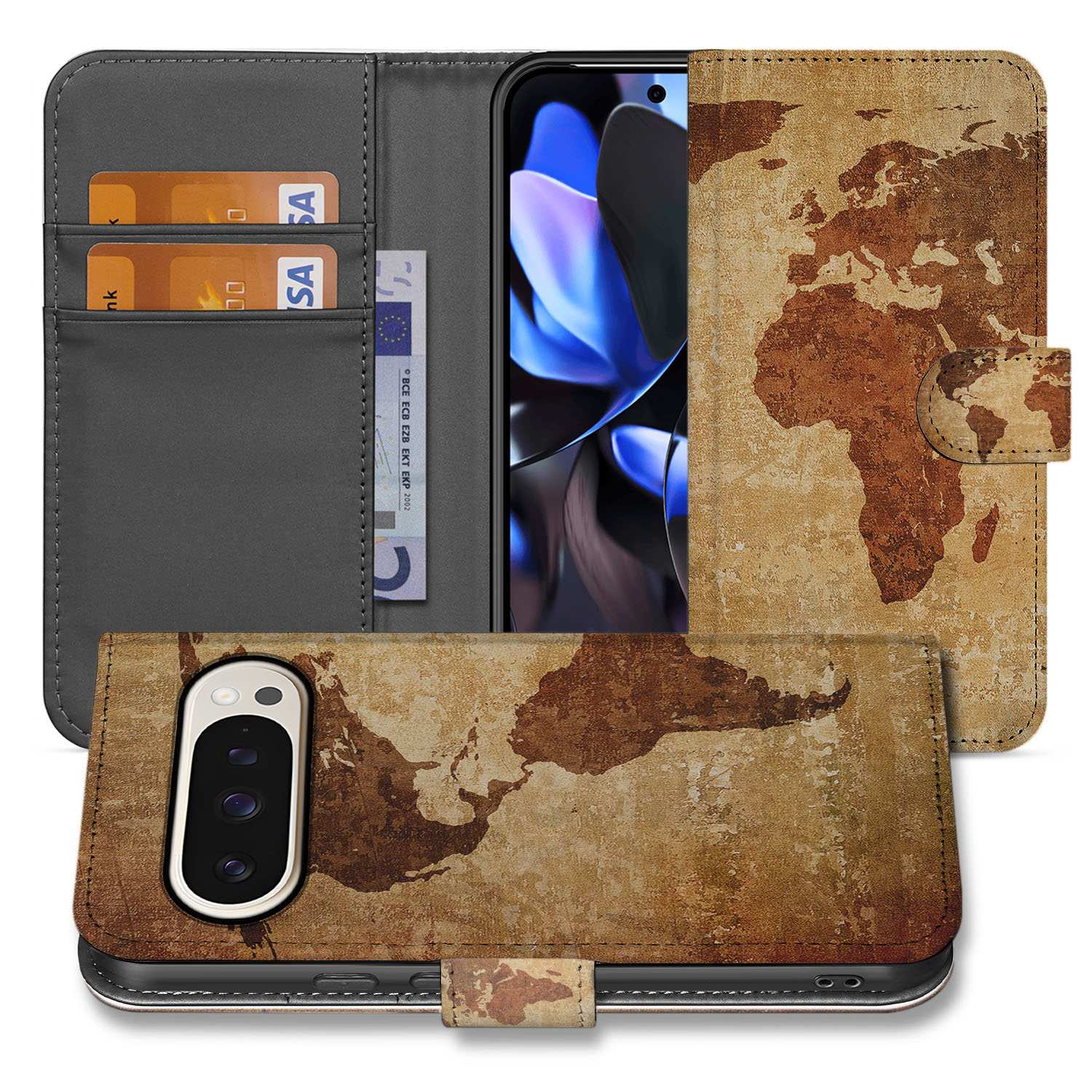 Portemonnee Hoesje Google Pixel 10 Pro Wereldkaart bookcase bruin geel design aanzicht