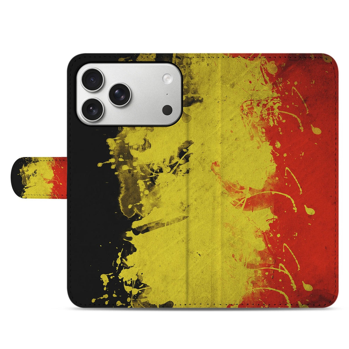Gesloten voorkant van het iPhone 18 Pro portemonnee hoesje België met de vlag