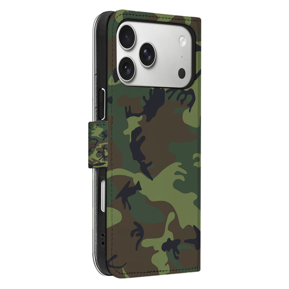 Zijaanzicht van het Army Dark bookcase hoesje voor de iPhone 18 Pro, print op de rug