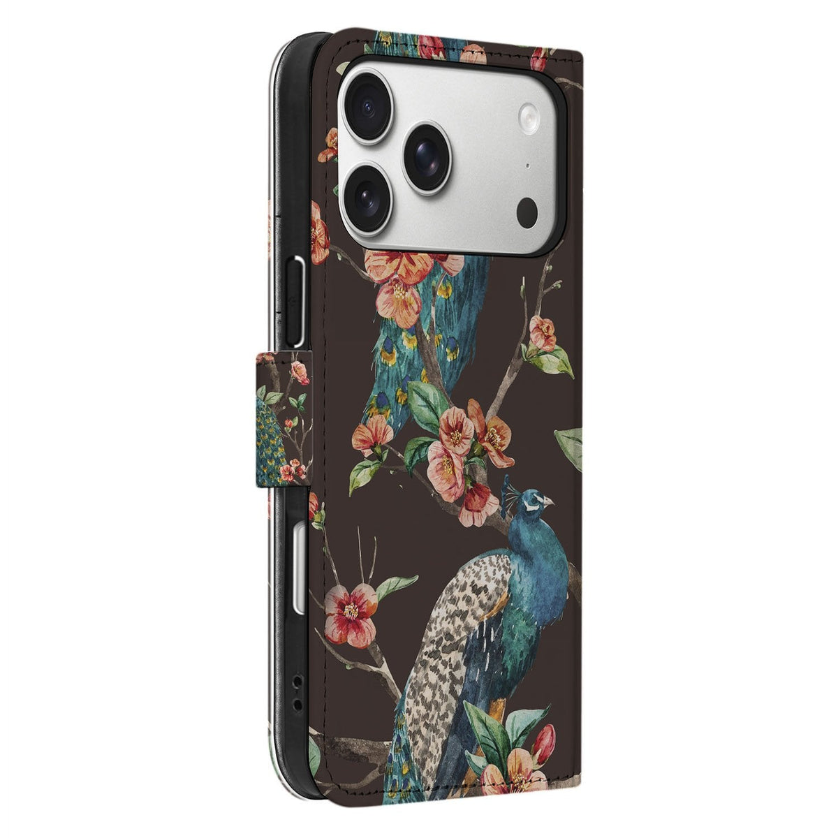 Zijaanzicht van het iPhone 18 Pro Pauw met Bloemen hoesje met kunstleren klep