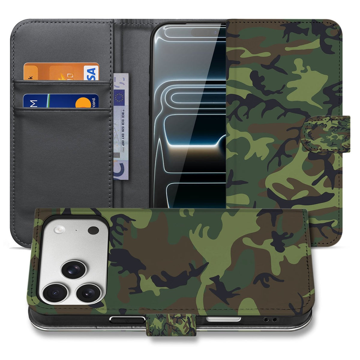 Portemonnee hoesje Army Dark voor iPhone 18 Pro, open en dicht naast elkaar met camouflageprint