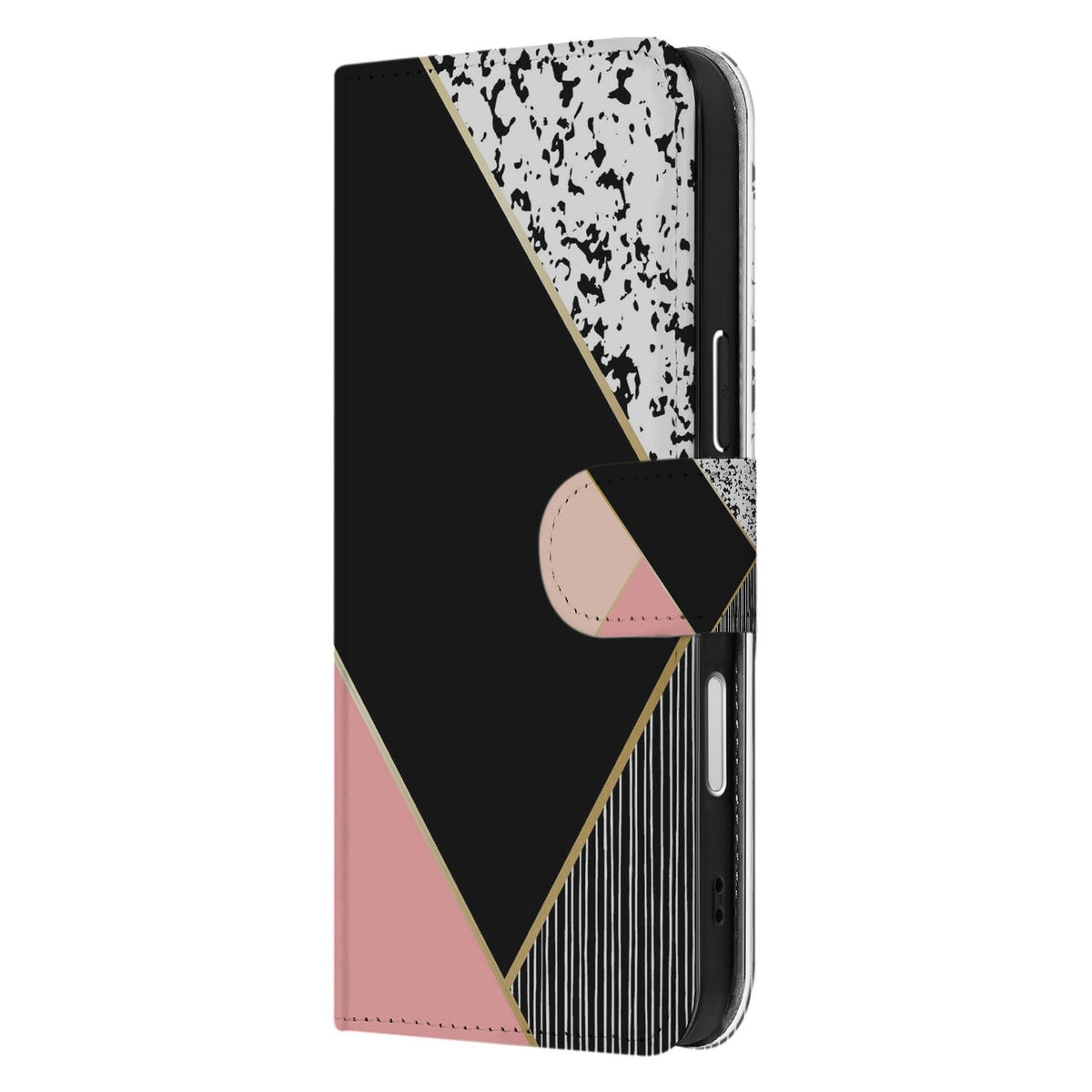 Zijkant van het iPhone 18 Pro portemonnee hoesje Black Pink Shapes met magneetlip