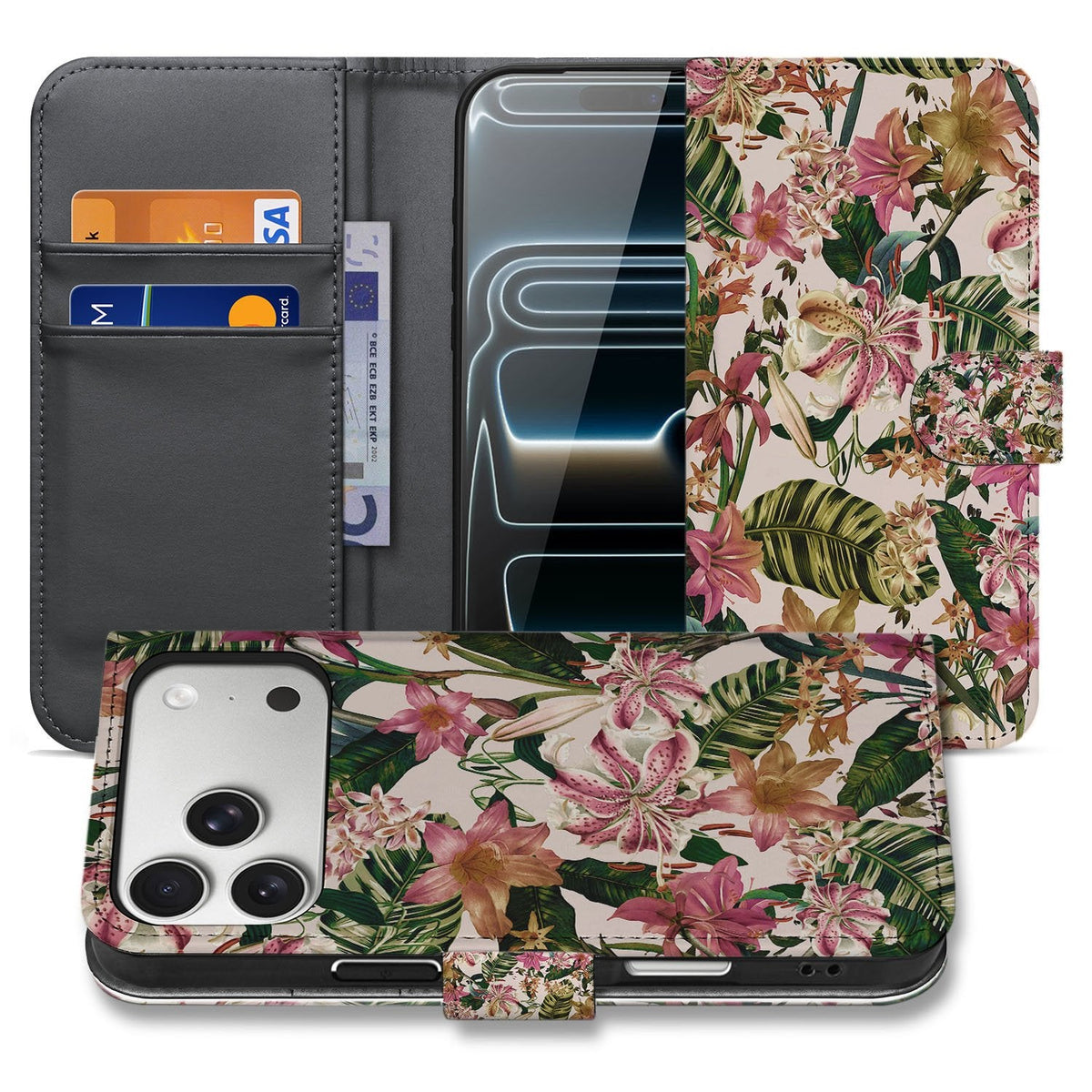 Portemonnee hoesje Flowers voor iPhone 18 Pro, open en gesloten naast elkaar met roze bloemenprint