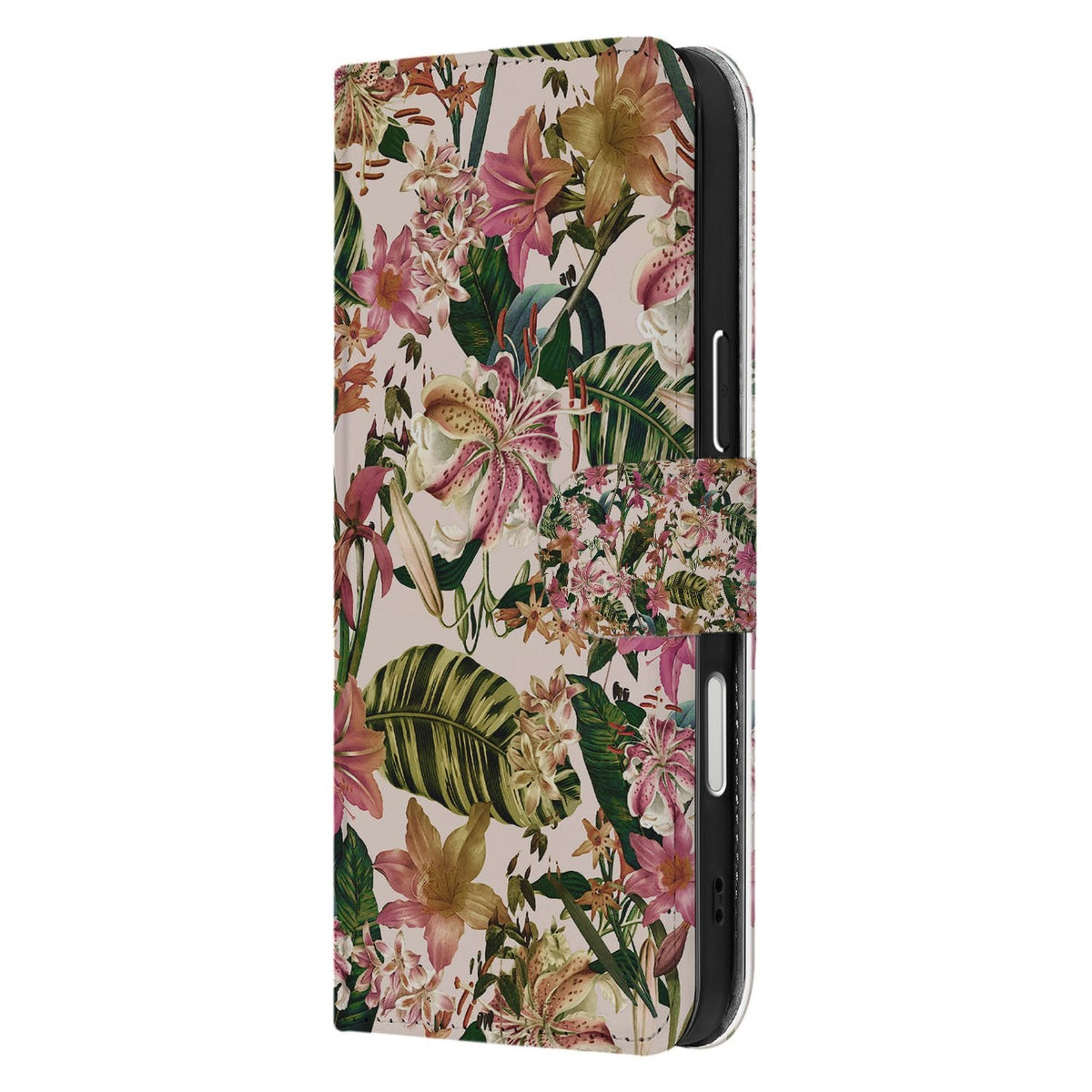 Zijkant van de Flowers bookcase voor iPhone 18 Pro met sluitlip en zwarte binnenhouder
