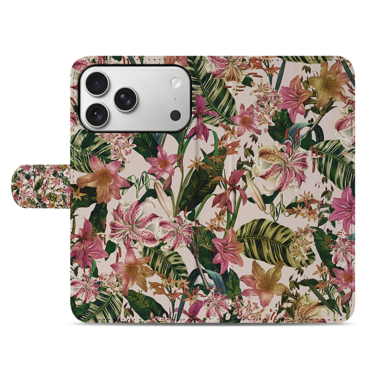 Voorkant van het gesloten Flowers portemonnee hoesje voor iPhone 18 Pro met roze bloemen