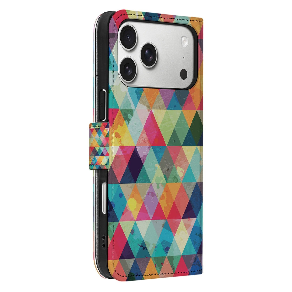 Zijaanzicht van het iPhone 18 Pro portemonnee hoesje Geruit met zwarte houder