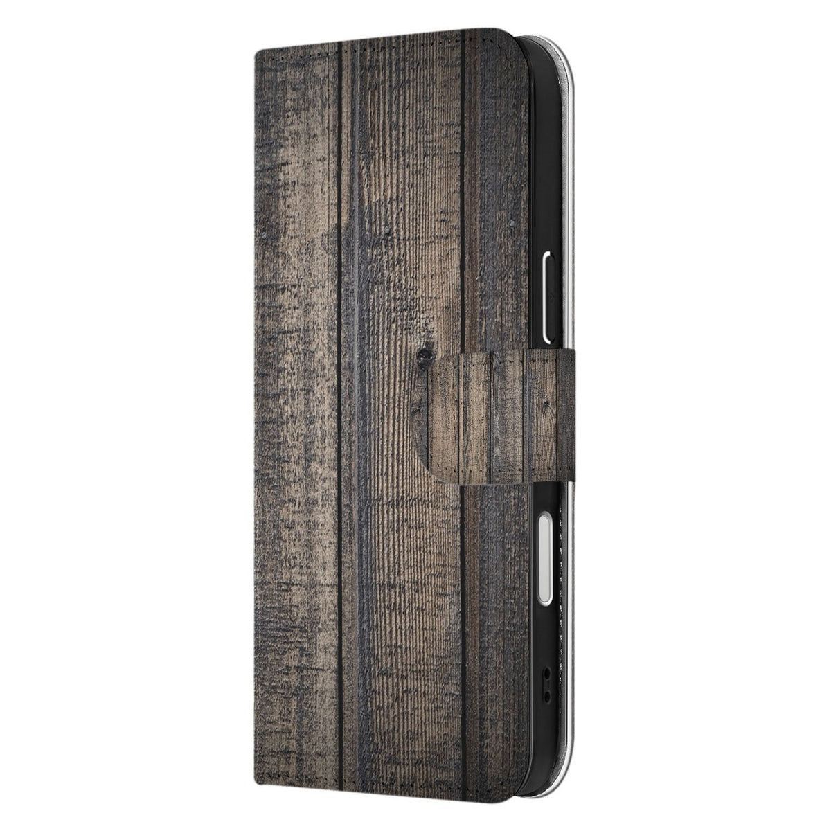 De iPhone 18 Pro Max in Steigerhout-hoesje vanaf de zijkant, met de rand van de voorflap in beeld