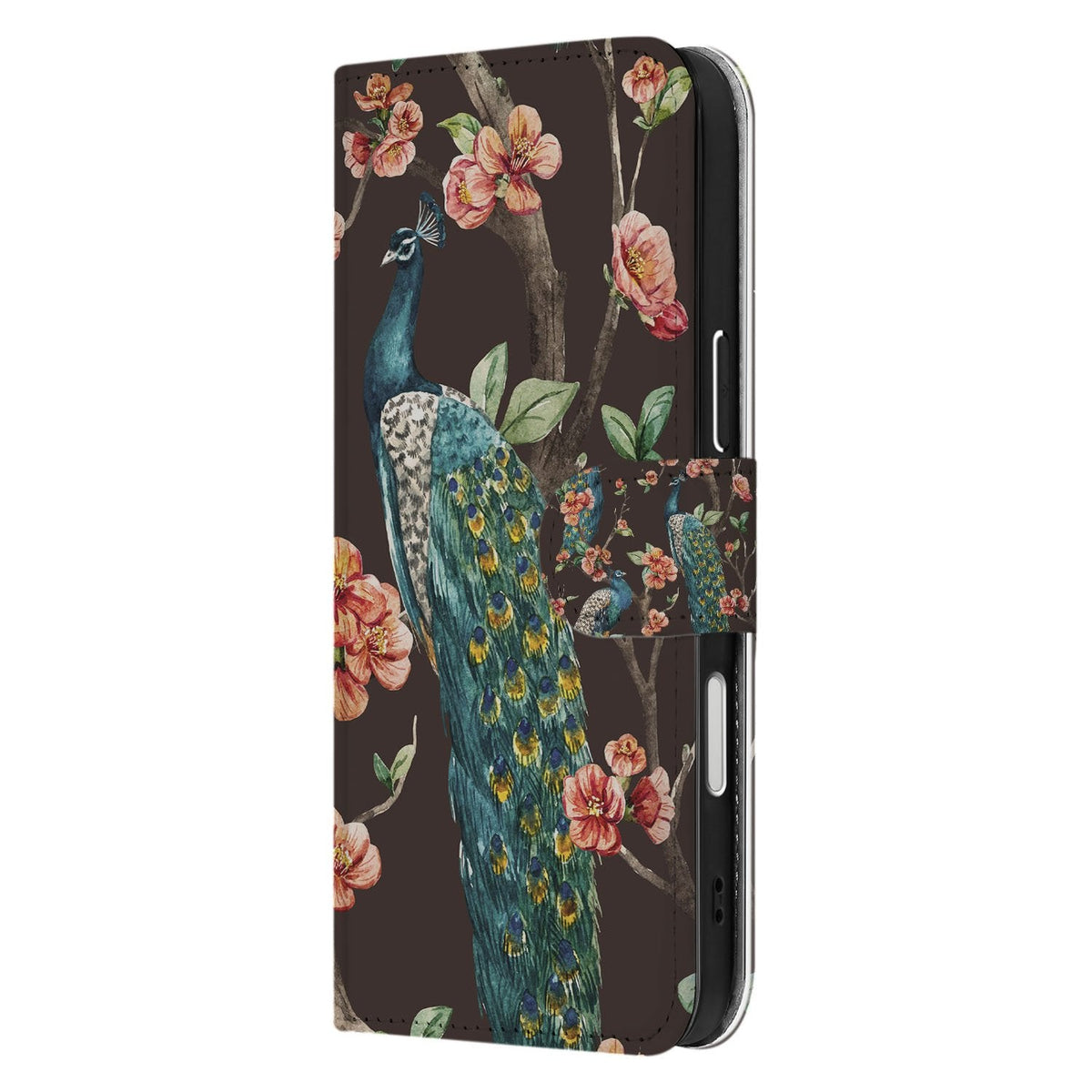 Zijkant van het Pauw met Bloemen portemonnee hoesje voor iPhone 18 Pro met sluitlip